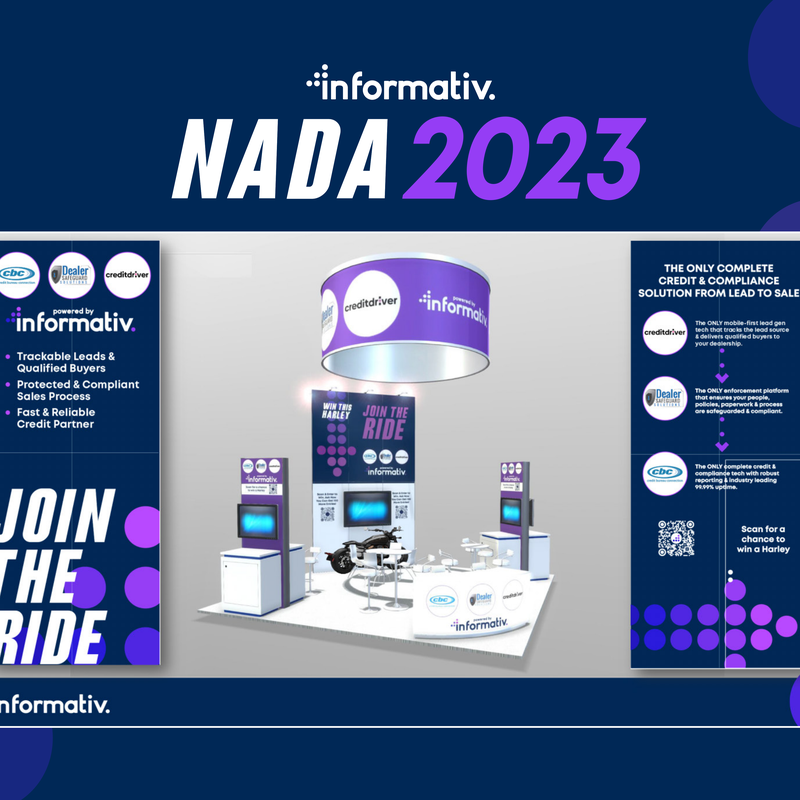 NADA 2023 booth rendering with an overhead banner, display counters, screens, banner stands and a Harley on display under the lines win this Harley and join the ride