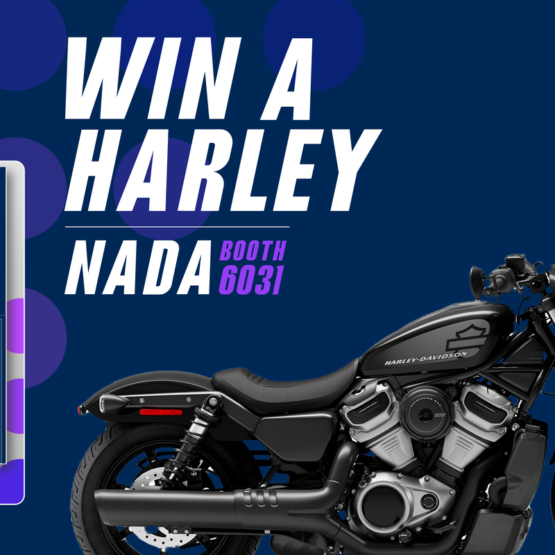 Win a Harley giveaway graphic for NADA booth 6031 with a Harley Davidson motorcycle across the bottom