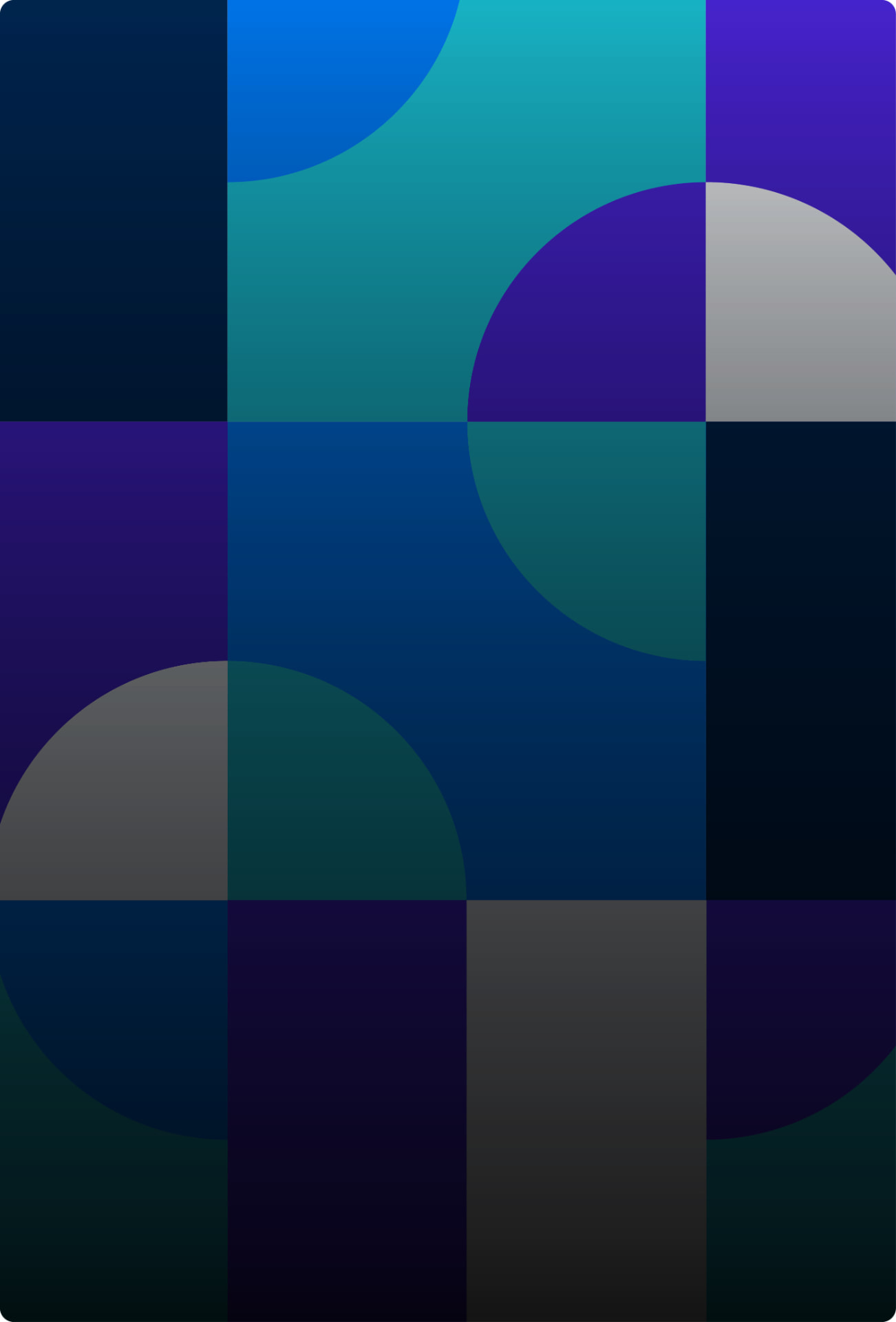 A modular grid of intersecting rectangles, squares and quarter circles in deep navy, royal blue, teal and violet, with slate grey blocks, fading to near black toward the bottom.
