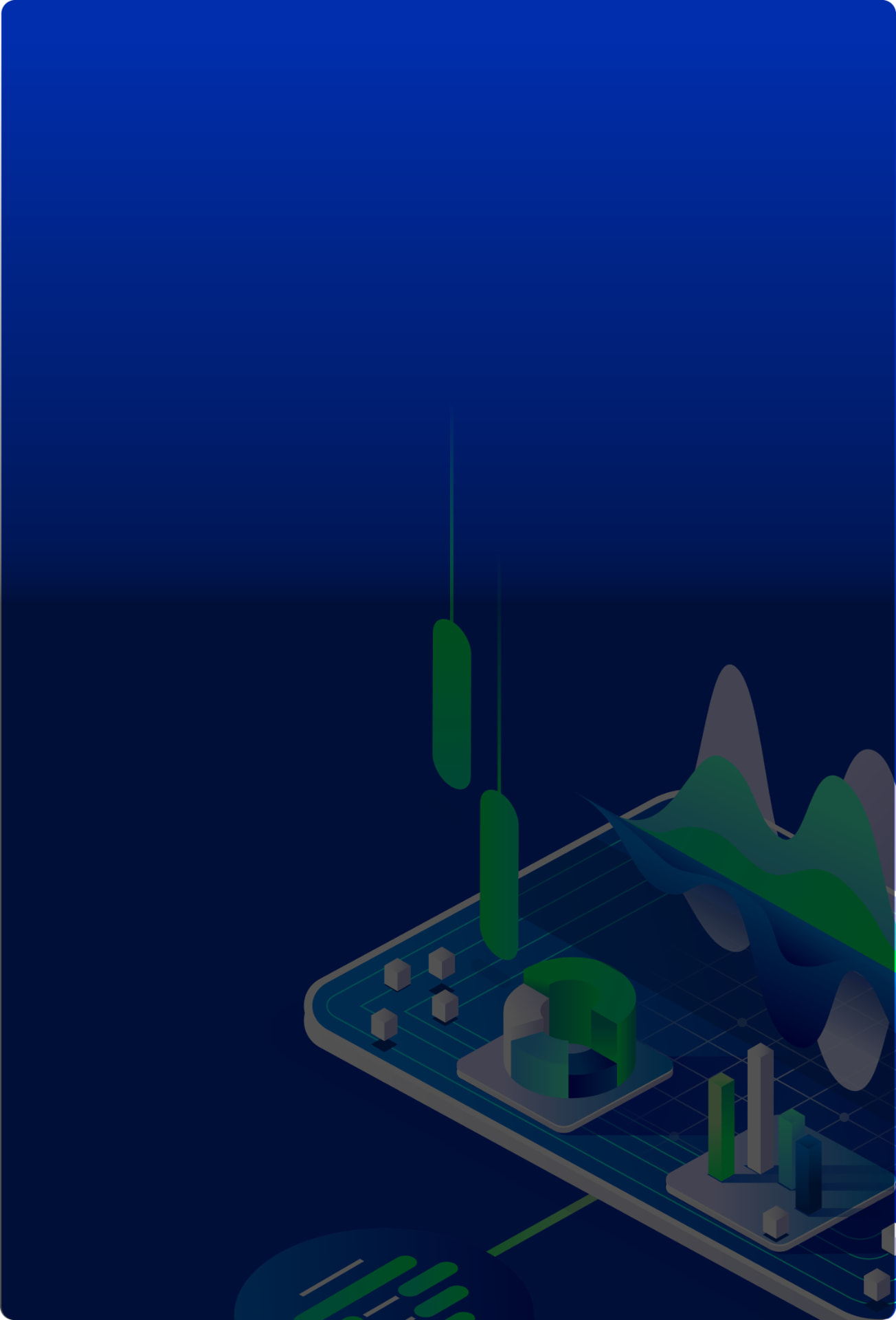 An isometric data platform glowing in green and silver on a deep blue background, with candlestick bars, a ring chart and rising wave graphs floating above a gridded tile.