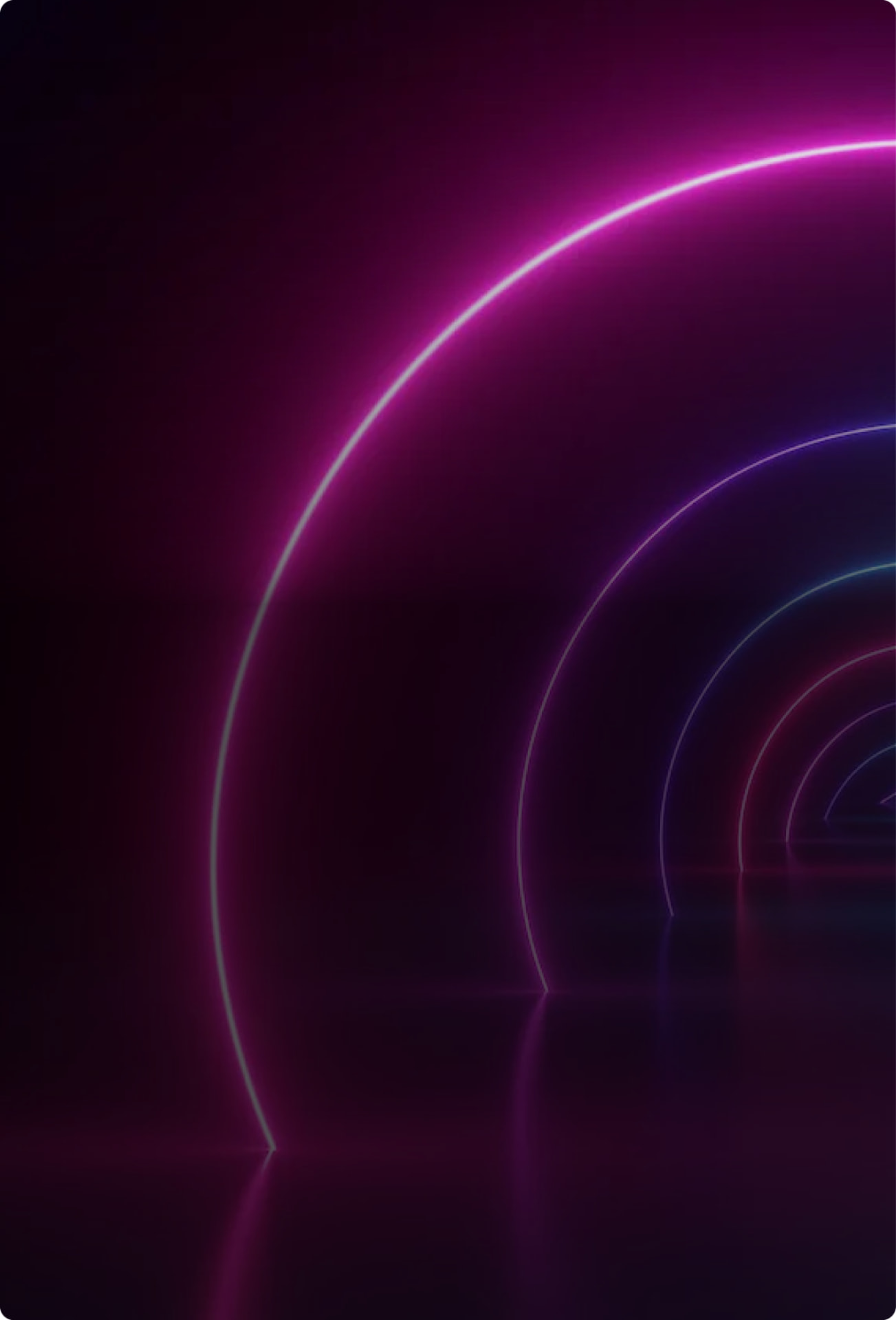 A dark corridor of glowing neon arches that shrink toward a vanishing point off to the right, lit in magenta and violet with soft pink reflections on a glossy floor.