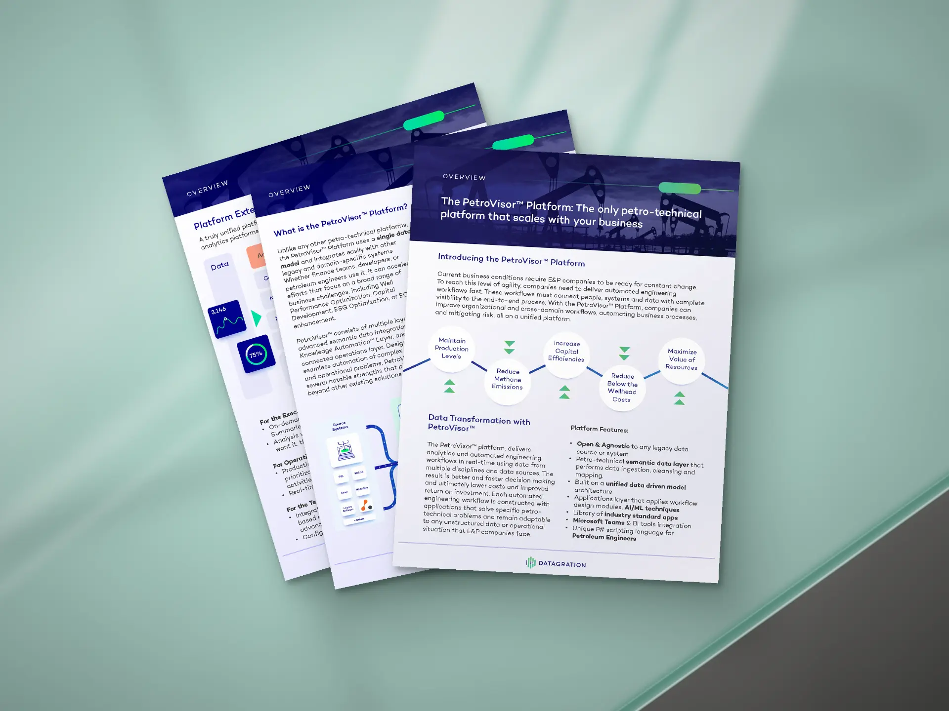 Three Datagration overview sheets fanned on a reflective surface, showing the PetroVisor platform introduction, its architecture and dashboard cards