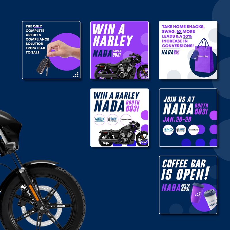 Social post grid for NADA booth 6031: car keys, a Harley, a branded gift bag, snacks, a coffee bar and the promise of six times more leads