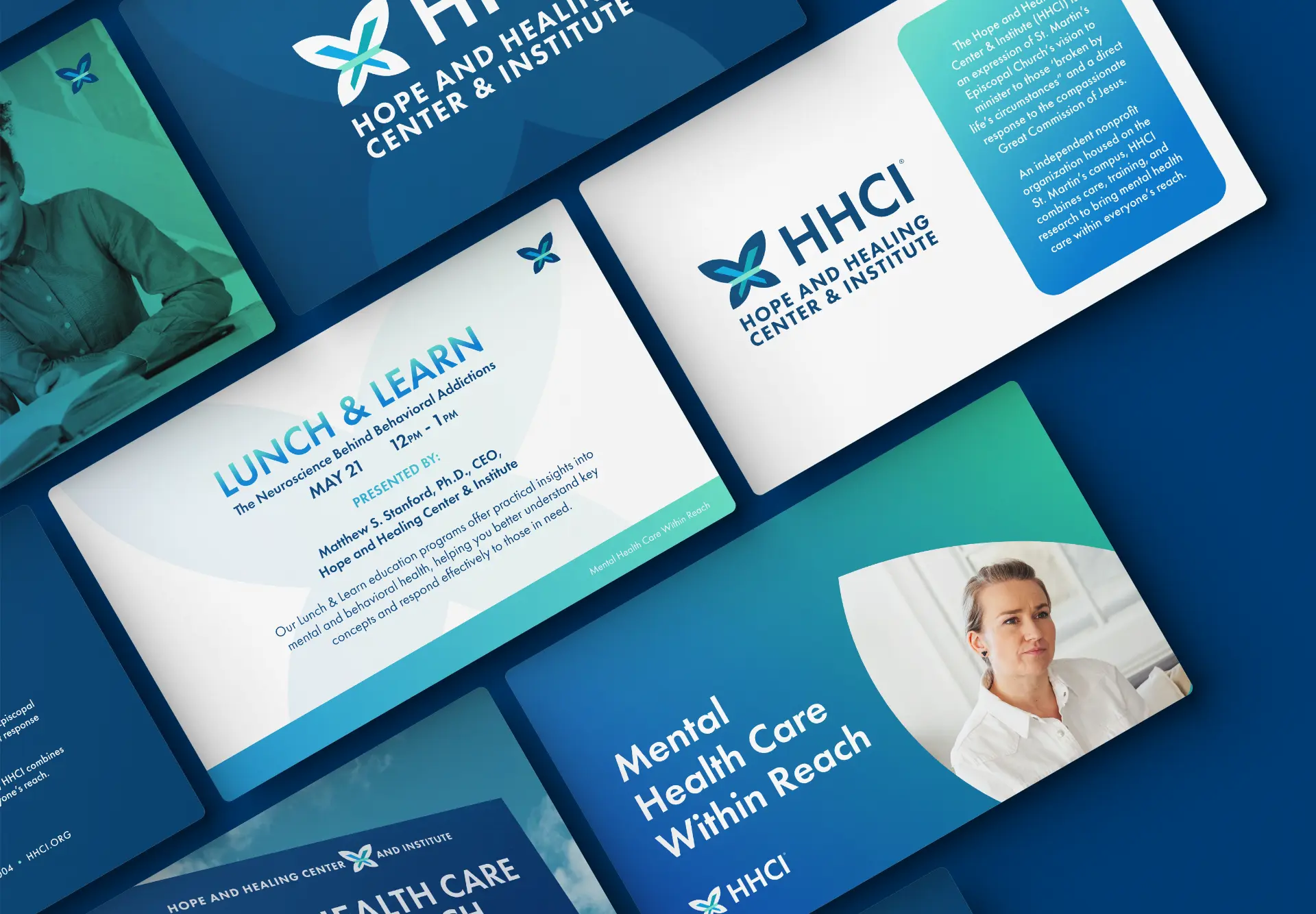 HHCI presentation slides arranged across a deep navy background: a Lunch and Learn slide on the neuroscience behind behavioral addictions, an HHCI branding slide, and a slide reading Mental Health Care Within Reach